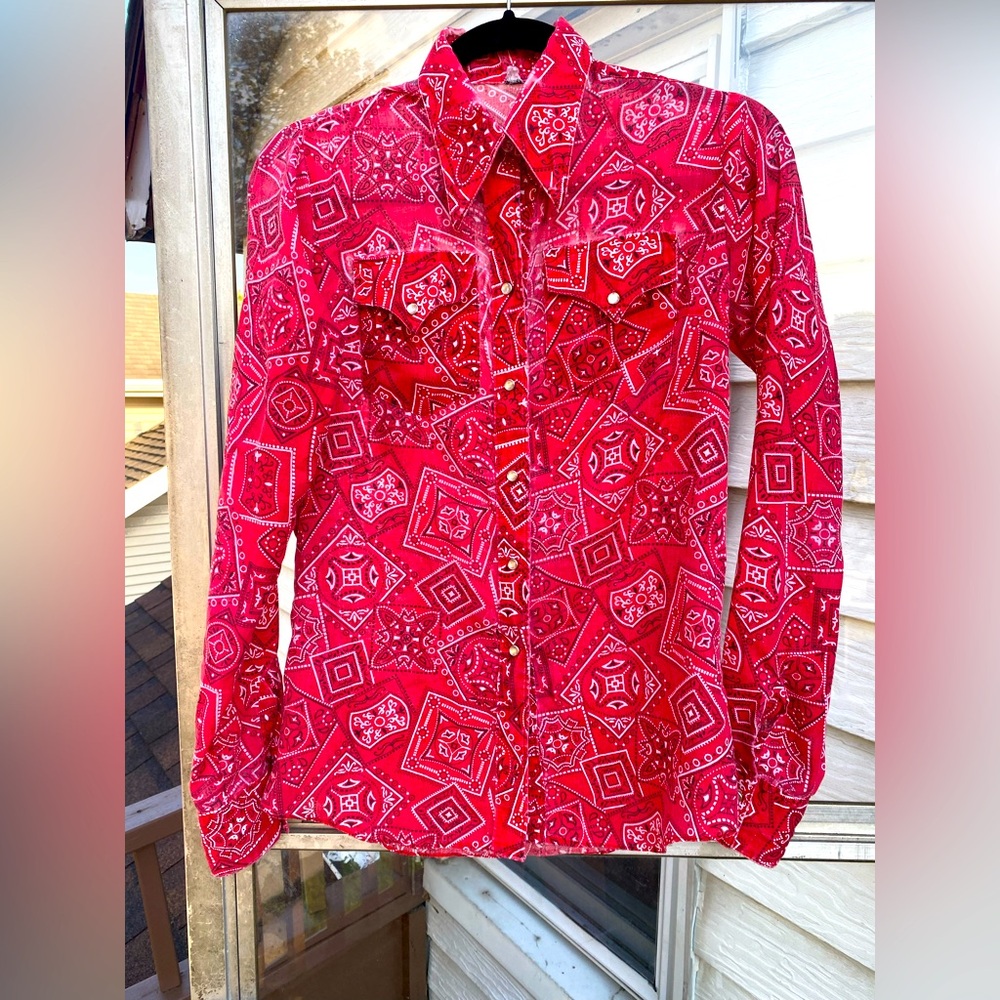 Vtg Rockmount Ranch Wear  70s Red Bandana Print Pearl Snap Button Down Shirt S/M
